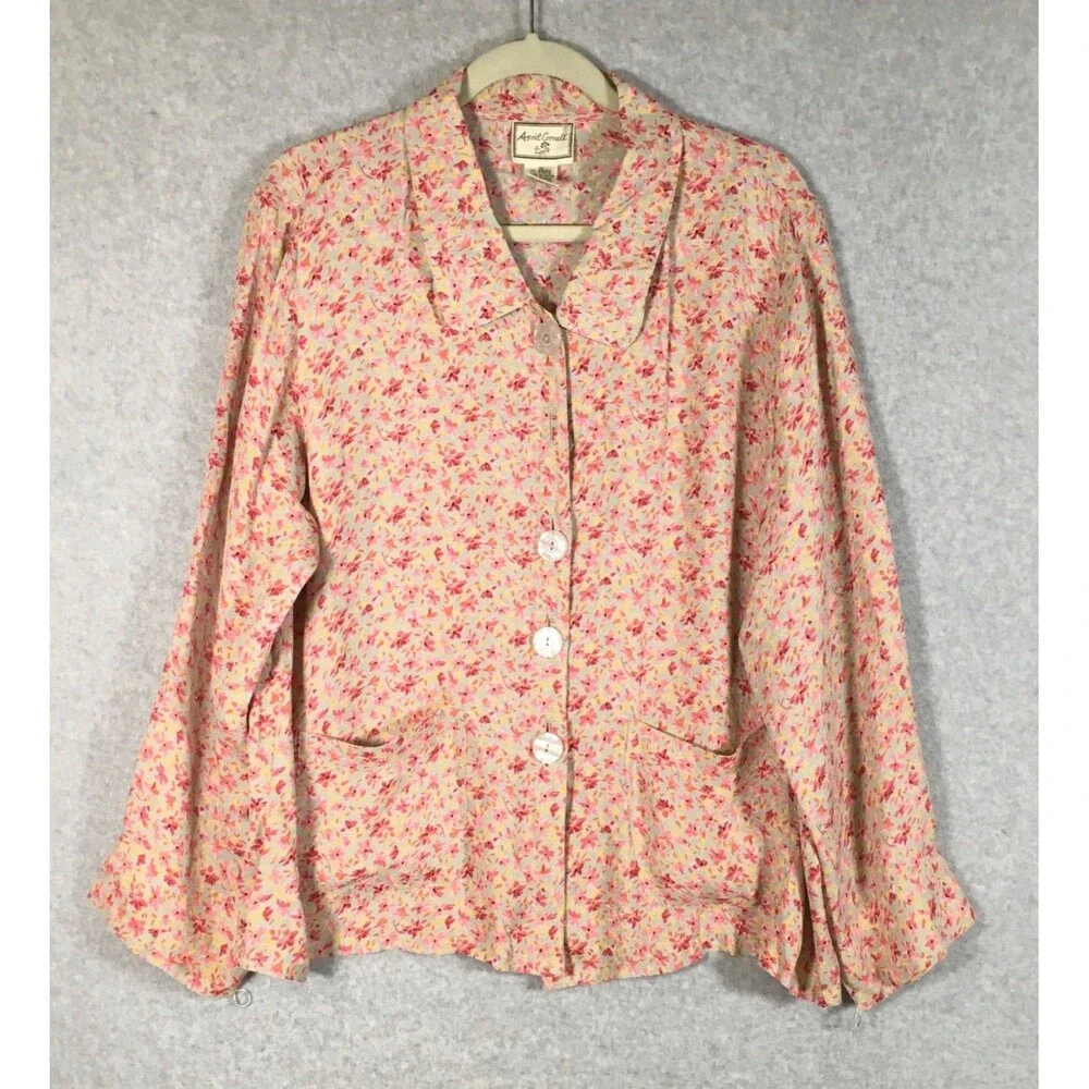 Vtg Womens M April Cornell Pink Floral Long Sleeve Button Shirt W /Pockets